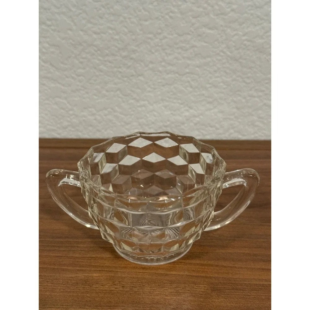 VTG Set of TWO Jeannette Depression Glass Clear Cubist Sugar Condiment 3.5